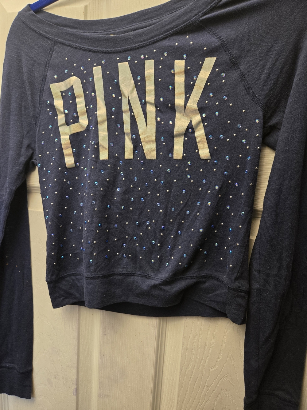 NWOT PINK Navy Blue Cropped Top With Rhinestones & Logo
